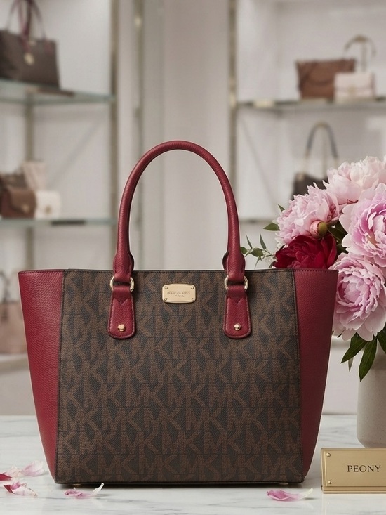 Handbags - Michael Kors signature monogram tote bag w/ brown MK logo body & burgundy Sides